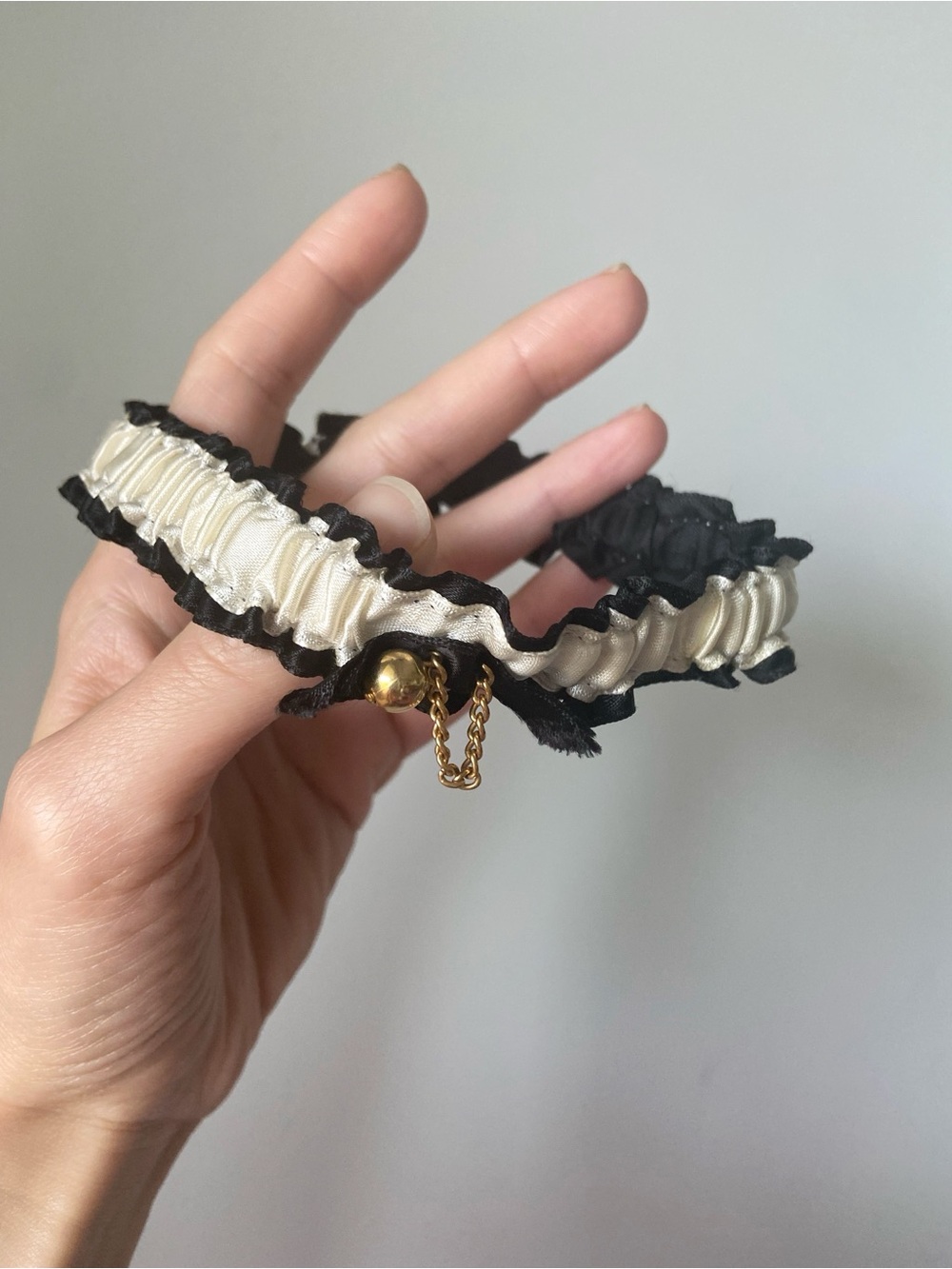 Vintage Black and Cream Satin Ruffled garter  gold ball and chain bride to be